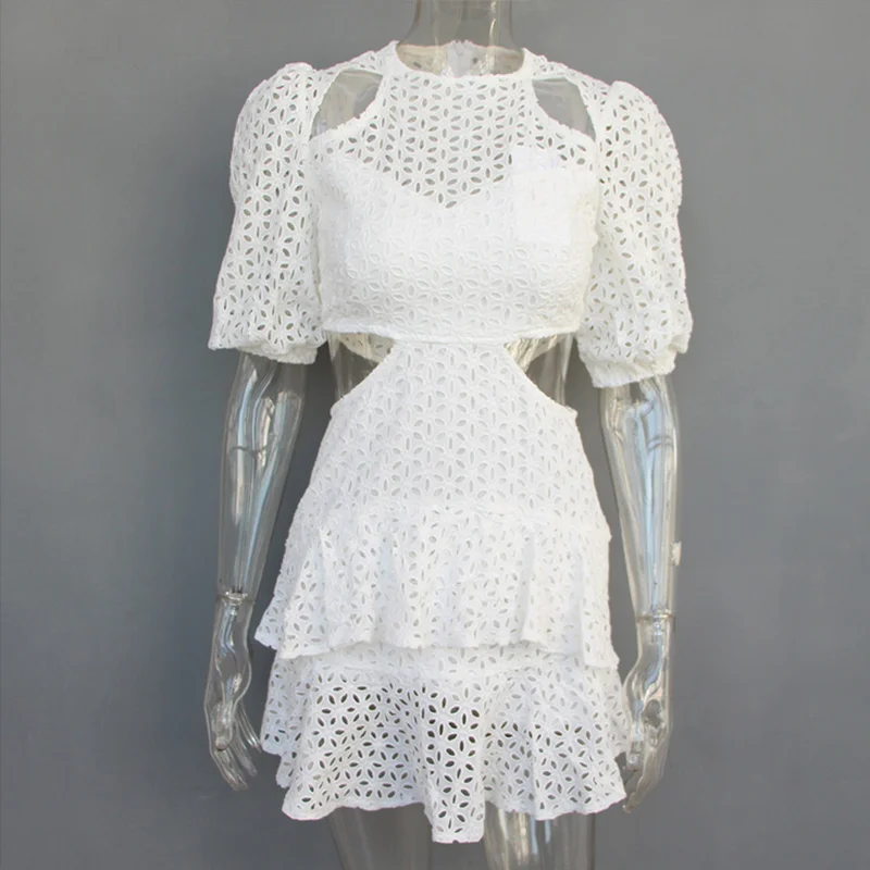 Женское кружевное мини платье с открытой талией и пышными рукавами элегантные