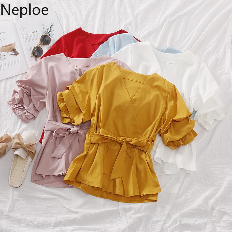 Женские блузки с v образным вырезом и рукавами фонариками Neploe 80738 лето 2020|Рубашки|