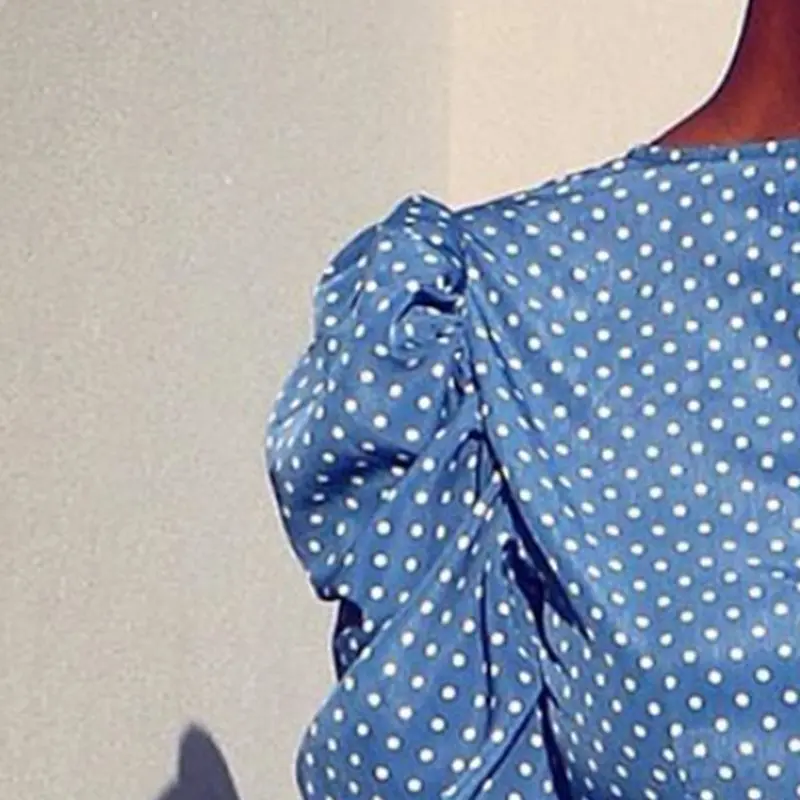 2019 осенний пышный короткий топ с длинным рукавом в синий горошек принтом для