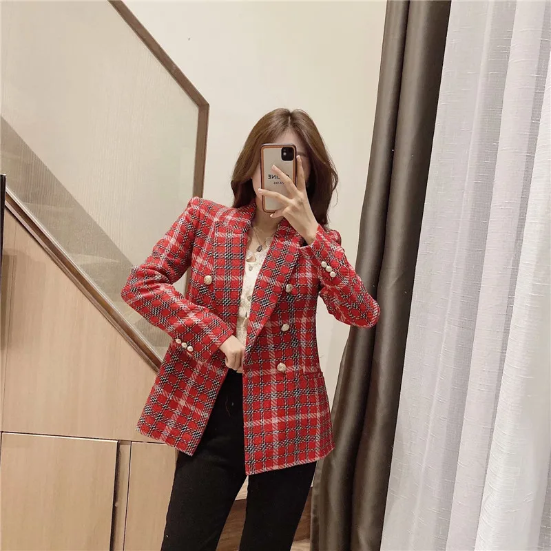 

TMODA1838 Za 2021 Women Autumn Winter Fashion Double Breasted Red Plaid Blazers Jackets Lady Suit Slim Business Female Coats