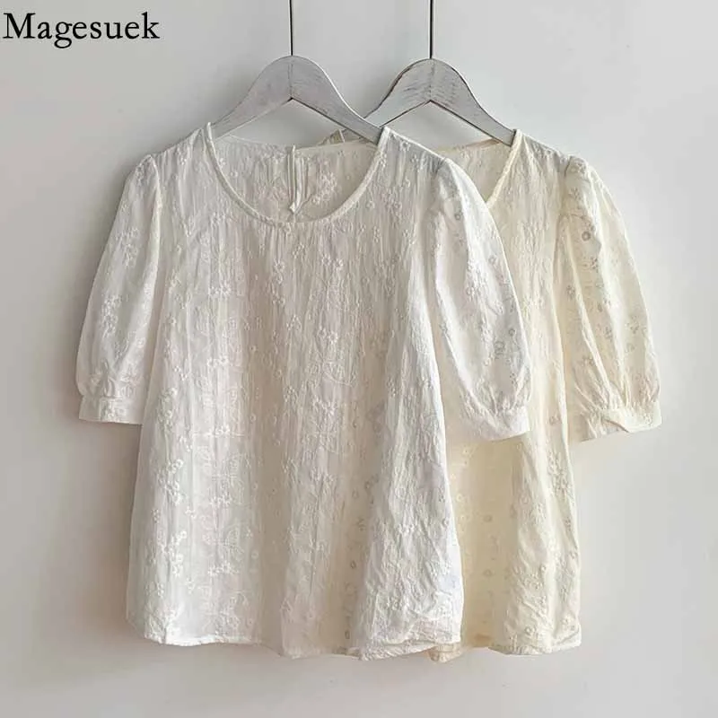 

Sweet Embroidered Flower Blouse Women Puff Sleeve Korean Fashion Loose White Womens Tops O Neck Casual Shirts Blusa Mujer 16314