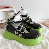 green lolita shoes platform mary jane shoes sweet leather shoes female thick soled increase japanese thin jk vintage shoes heart