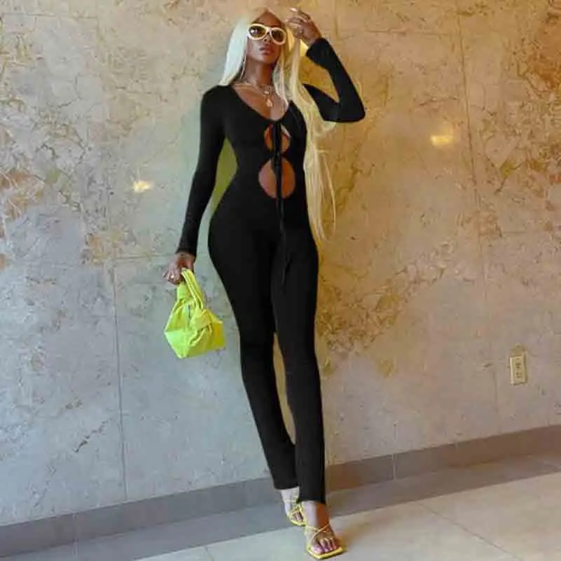 

Cultiseed Women Sexy Strapless Hollow Chest Waist Skinny Slim Hip Jumpsuits Female Newest Solid Long Sleeve Yoga Sports Rompers