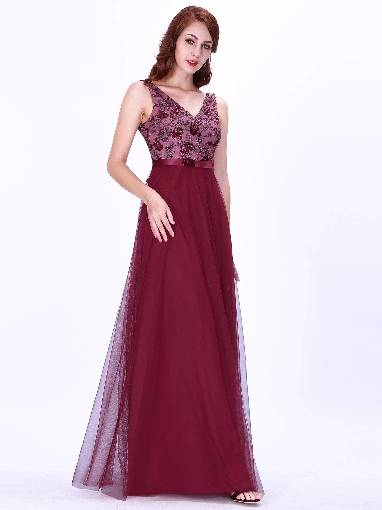 

Женское длинное платье Ever Pretty, Бордовое платье с V-образным вырезом, EZ07626, для торжества