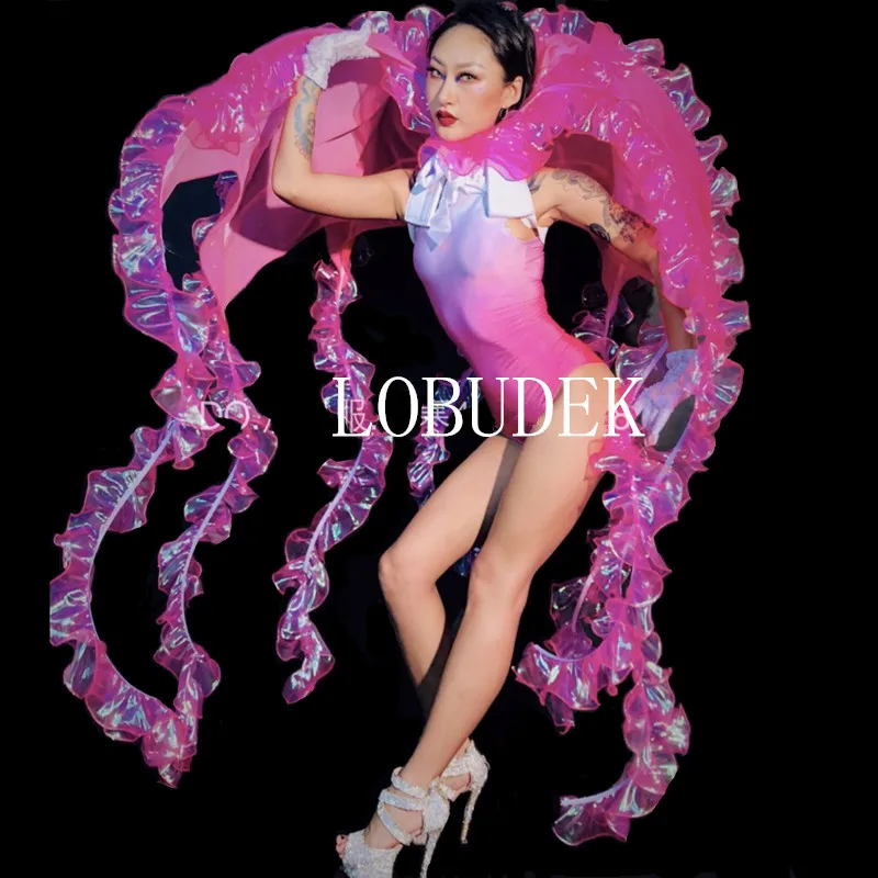 Боди для вечеринки с розовой Медузой блестящее Женское боди танцев сексуальный