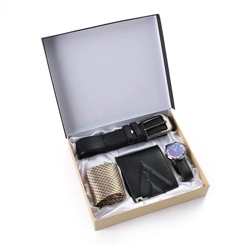 

Fashion Watches Sets Men Luxury Gift Set Top Quality Belt Business Quartz Wrist Watch Folding Wallet Men's Tie For Father Gifts