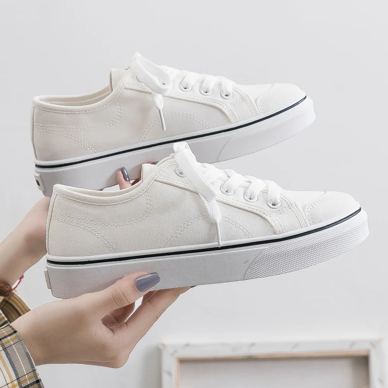 New 2021 Autumn Canvas Flats Shoes Women Casual Lace-up Fashion Female Spring/Autumn Solid White | Обувь