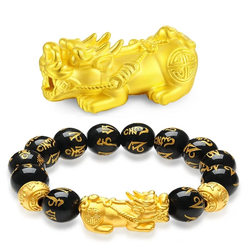 

Obsidian Stone Beads Bracelet Unisex Wristband Gold Black Pixiu Bring Wealth and Good Luck Chinese Feng Shui Men Women Bracelets