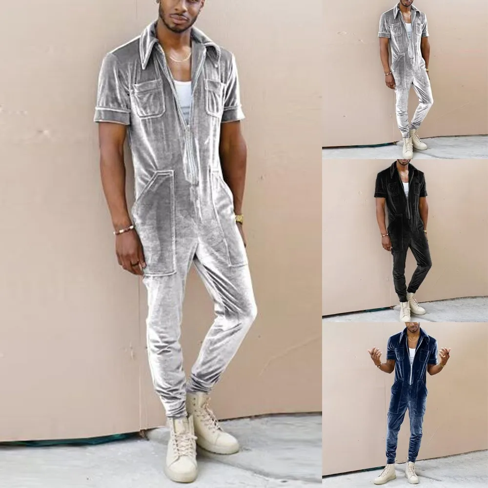 

Mens Casual Pocket Jumpsuit Overalls Short Sleeve Lapel Zip Romper Trousers Pants Hooded For Adult Men Casual Overalls