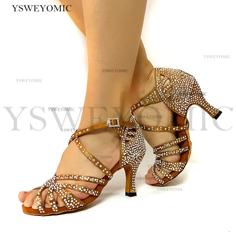 2021 Spring Rhinestones Salsa Dance Shoes Meduim Heel 7cm Stable Suede Outsole Practise Bachata Latin Dancing Shoes Women