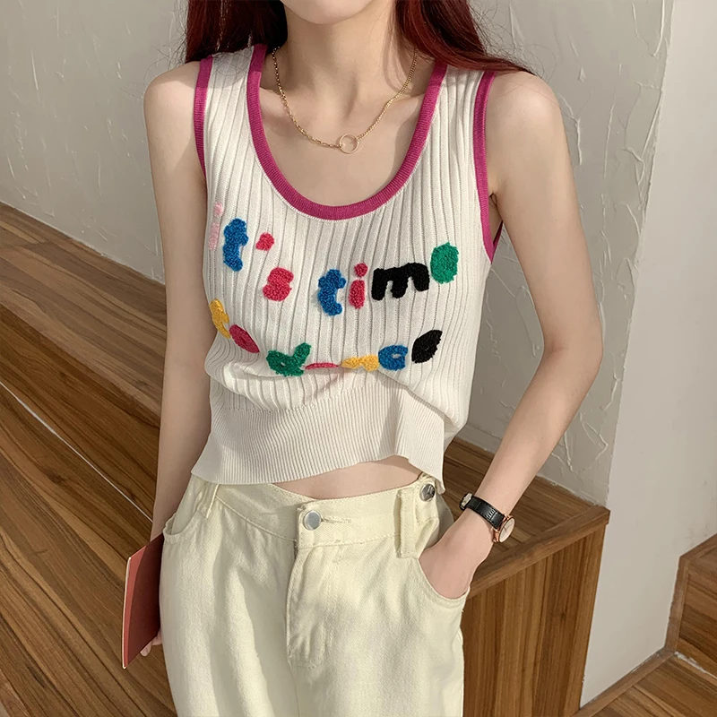 

Женские Простые трикотажные топы каваи с надписью embriodred кроп-топы для женщин с О-образной горловиной ярких милые топы на бретельках для жен...