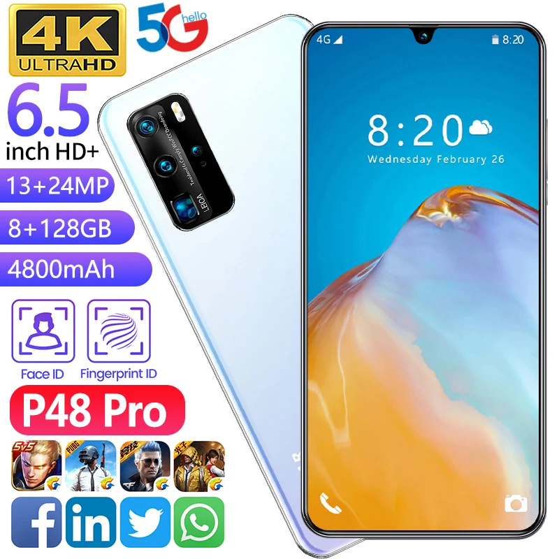 

Glaxy P48Pro Smartphones 6.5 Inch 4800mAh Face Fingerprint ID 13+24MP 8+128GB/256GB Water Drop Screen Mobile Phone Cell Phones