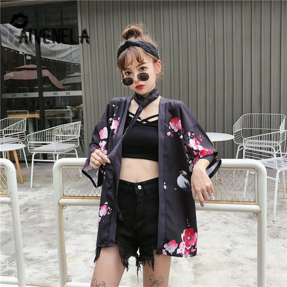 Японское женское кимоно в стиле Харадзюку кардиган блузка с китайским цветочным