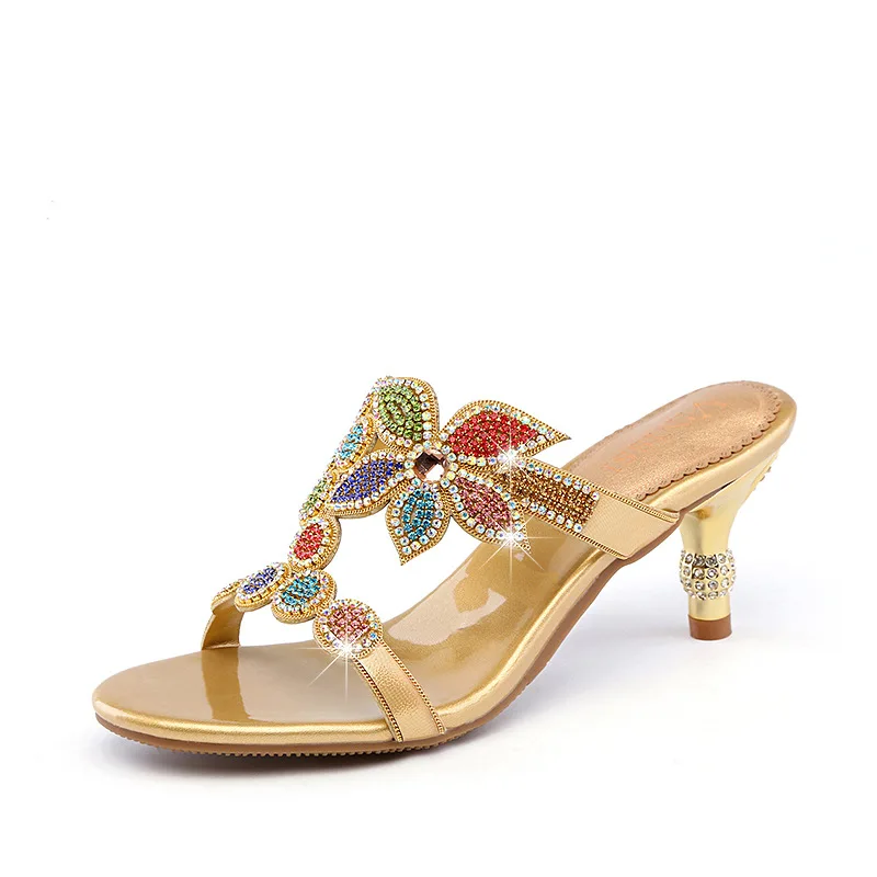 

Female Shoes Glitter Slides Slippers Casual Med Thin Heels 2021 Jelly Luxury Summer Basic Fabric Scandals Crystal Fashion PU