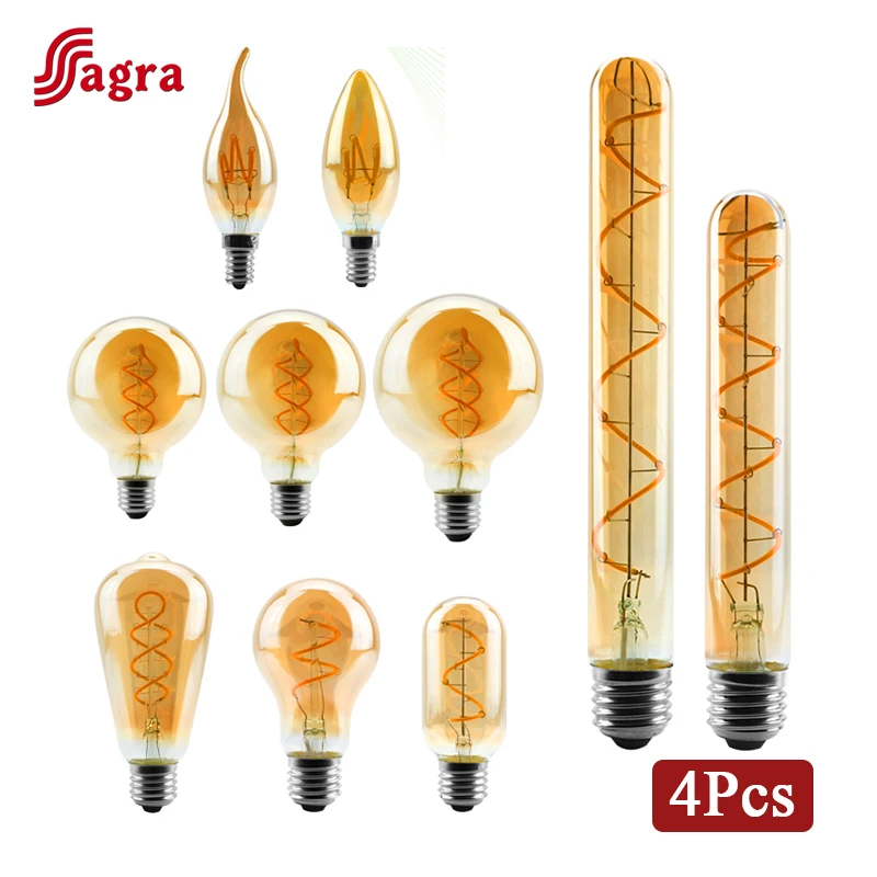 4pcs/lot E27 E14 LED Bulb 220V Vintage Spiral Filament Light C35 A60 T45 ST64 T185 T225 G80 G95 G125 4W Edison Lamp | Освещение