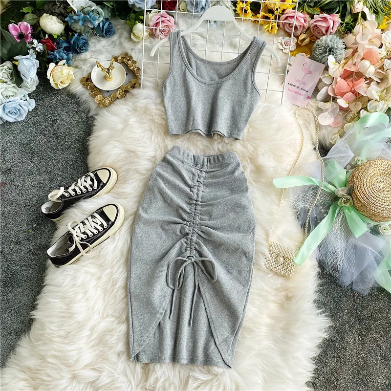 

2021 New Summer Women Knitted Sets Sexy Short Tank Top And Drawstring Shirring Pencil Skirt Two Piece Set