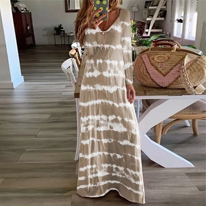 

Long Sleeve White Striped Print Maxi Dresses Autumn Casual Women Dress V-neck Plus Size Women Clothes Long Loose Dress Femme