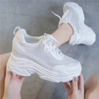 summer platform wedge sneakers girls plain white mesh shoes chunky sneakers for women lace up thick bottom vulcanize shoes 2021