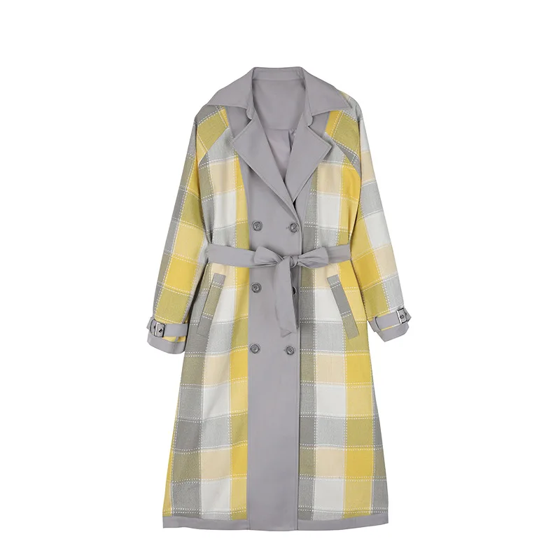

Spring Autumn Windbreaker Women 2021 New Mid-length Temperament Loose Plaid Stitching Long Trench Coats Female Overcoats f1031