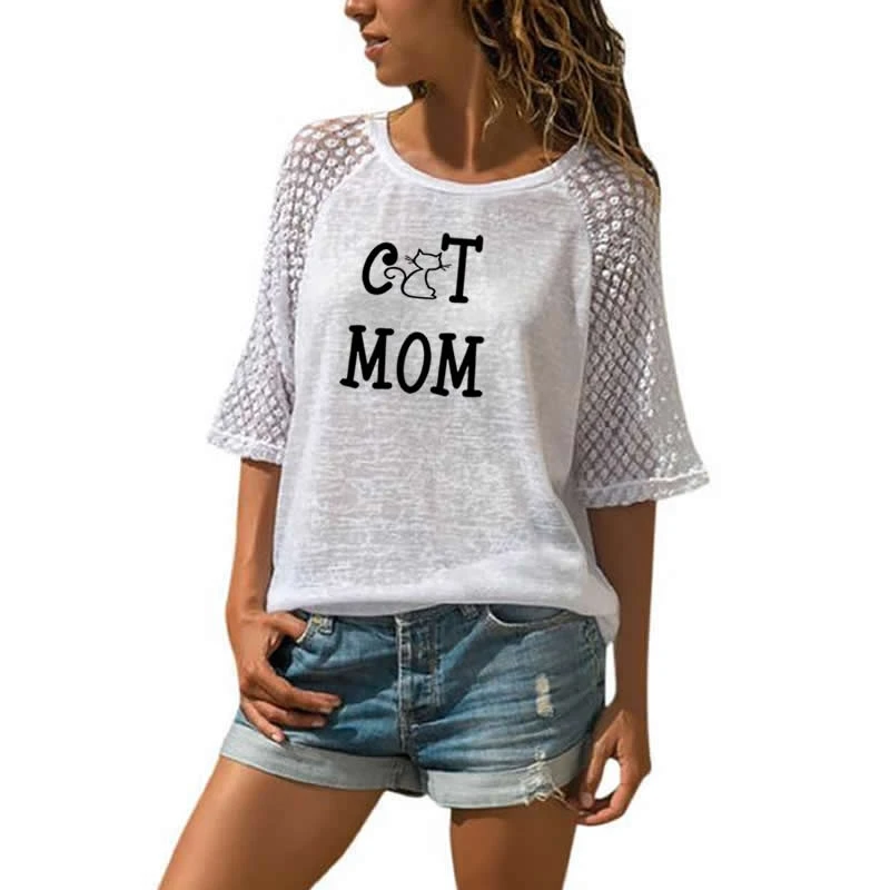 Модная футболка для девочек и женщин на шнуровке Круглый вырез горловины кошка