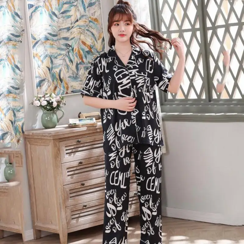 

Women Black Pyjamas Suit Nightgown Rayon Homewear Pajamas Sleep Set Nightwear Print Letter Sleepwear Loose 2PCS Shirt&Pants