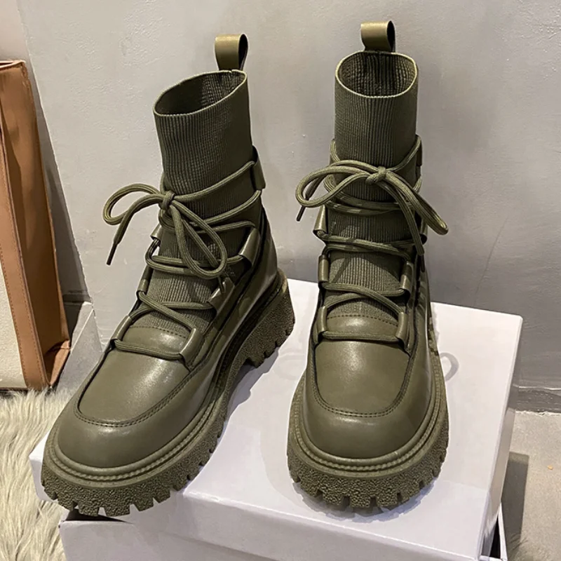 

Women Boots 2021 New Ladies Shoes Pu Leather Casual Stretch Socks Boot Fashion Thick Heel Lace Up Women Shoes Platform Boots