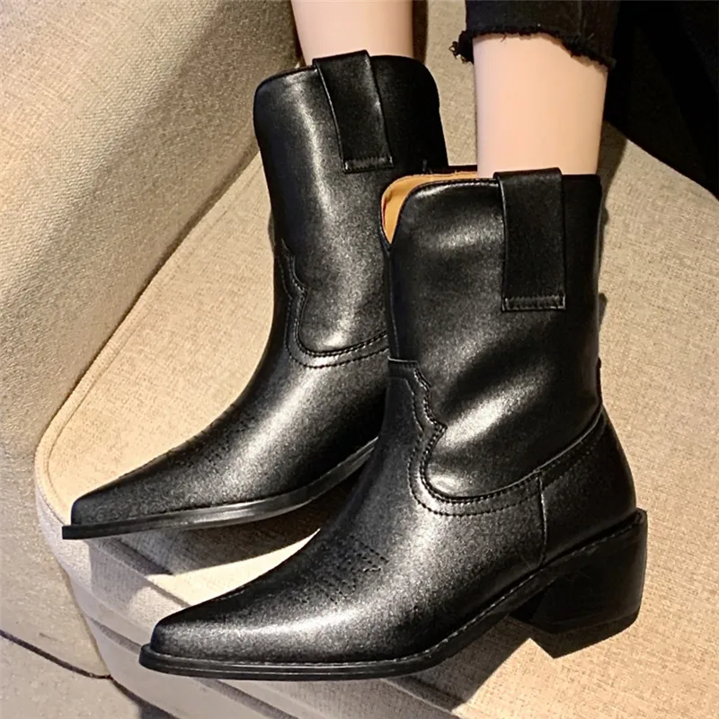 

New Fashion Western Cowboy Short Boots Pointed Cow Leather Crude Heel Handsome Women Shoes Belt Patchwork Ankle Booties 5cm