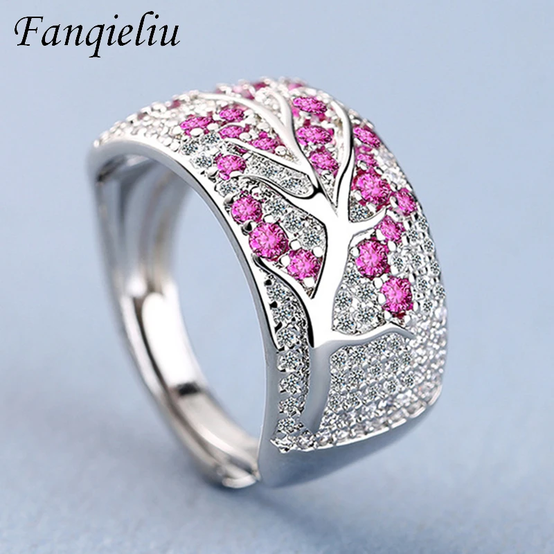 

Fanqieliu Four Color Crystal Tree Jewelry Wedding Bands For Girl Vintage Cuff Adjust 925 Sterling Silver Ring Women FQL21230
