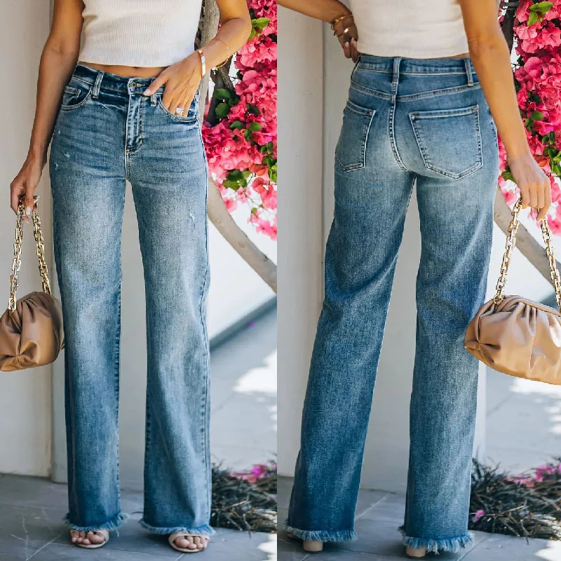 

Женские джинсы Xiu'xian на молнии, синие потертые прямые джинсовые брюки со средней талией и промытыми карманами с необработанными краями