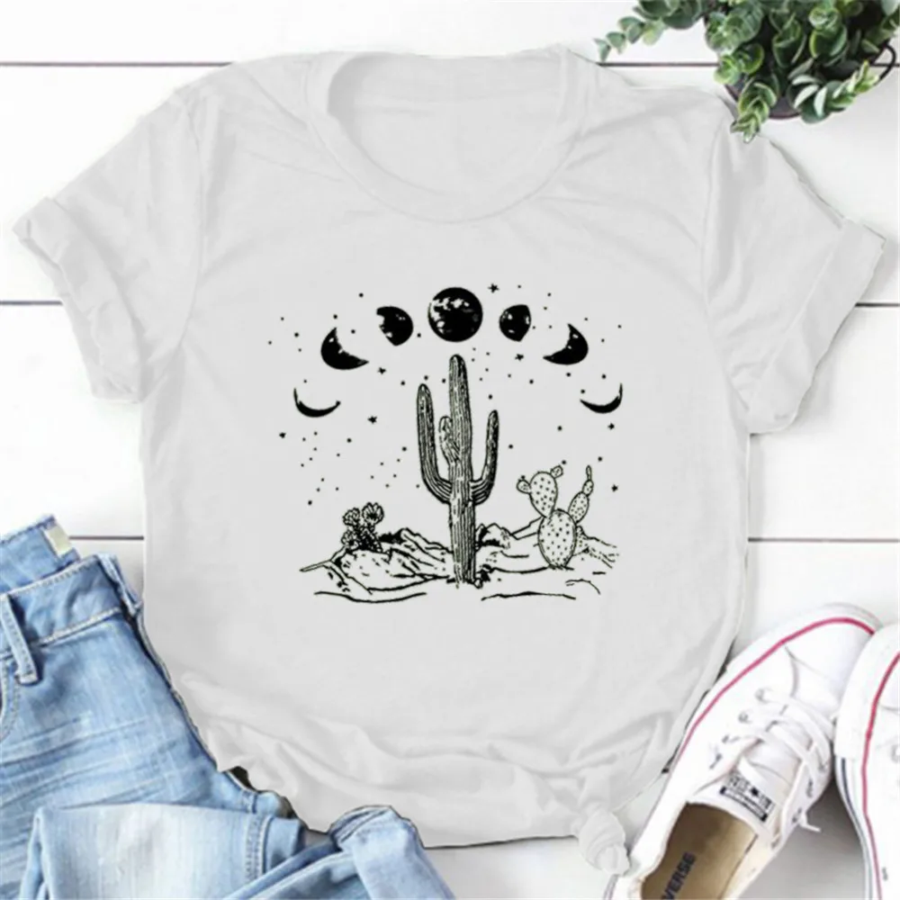 

Star Moon Cactus Print T Shirt Women Summer Casual Aesthetic Graphic Tees Tshirt Grunge Vintage Ladies Tops