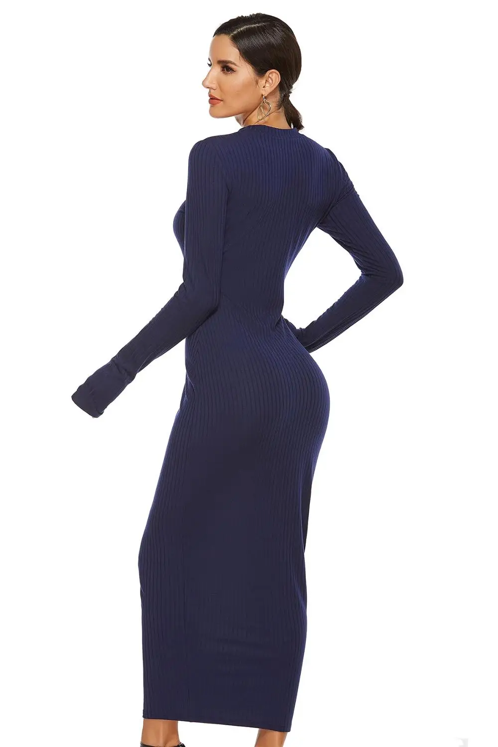 

Elegant Women Autumn Maxi Dress Finger Hole Long Sleeve O-neck Skinny Sexy Women Dress Solid Color Stretch Knitted Dress Vestido
