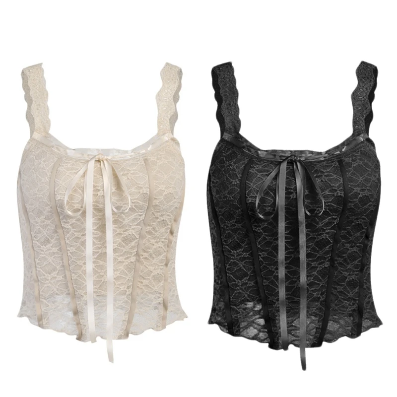 

Y166 Women Summer Retro Sheer Lace Corset Crop Top Lace-Up Bow Front Sexy Square Neck Slim Vest Solid Color Backless Sleeveless