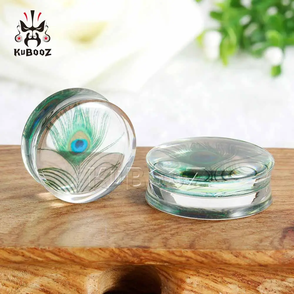New Peacock Feather Design Simple Ear Percing Plugs Tunnels Transparent Arylic Ear Gaugus Fashion Gift Body Jewellery 2pcs