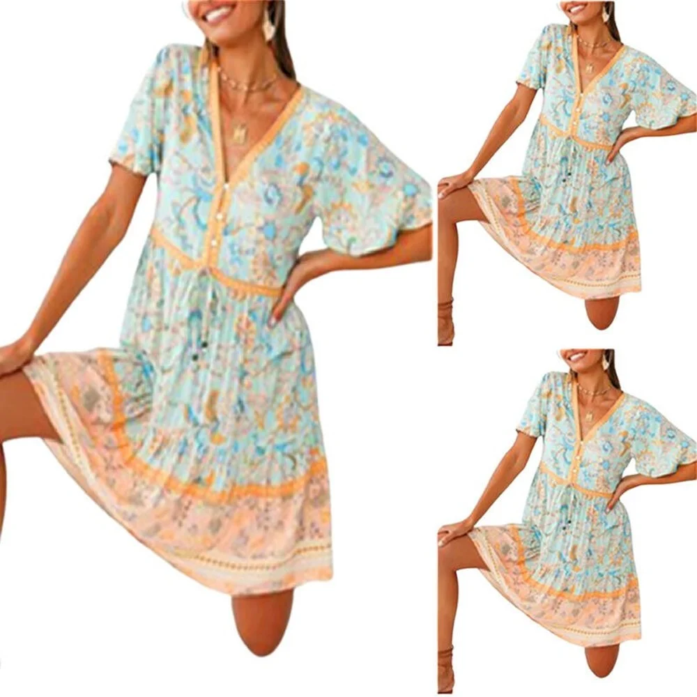 

Женский короткий сарафан с цветочным принтом, V-образным вырезом, коротким рукавом с оборками, повседневное свободное мини-платье