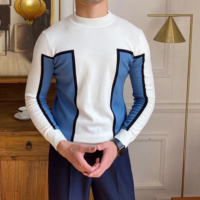 

Men Wool Sweaters Fashion Slim Tops Autumn Winter Half-High Collar Knitting Sweaters Casual White Long-Sleeve Patchwork Pullover