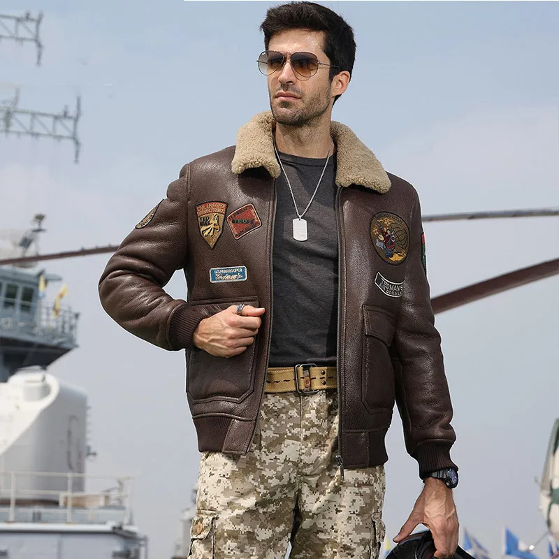 

Men 2023 Dark Brown Genuine Natural Pilot Shearling Plus Size 4XL Winter Thick Russian Military Aviator Coat FREE SHIPPING