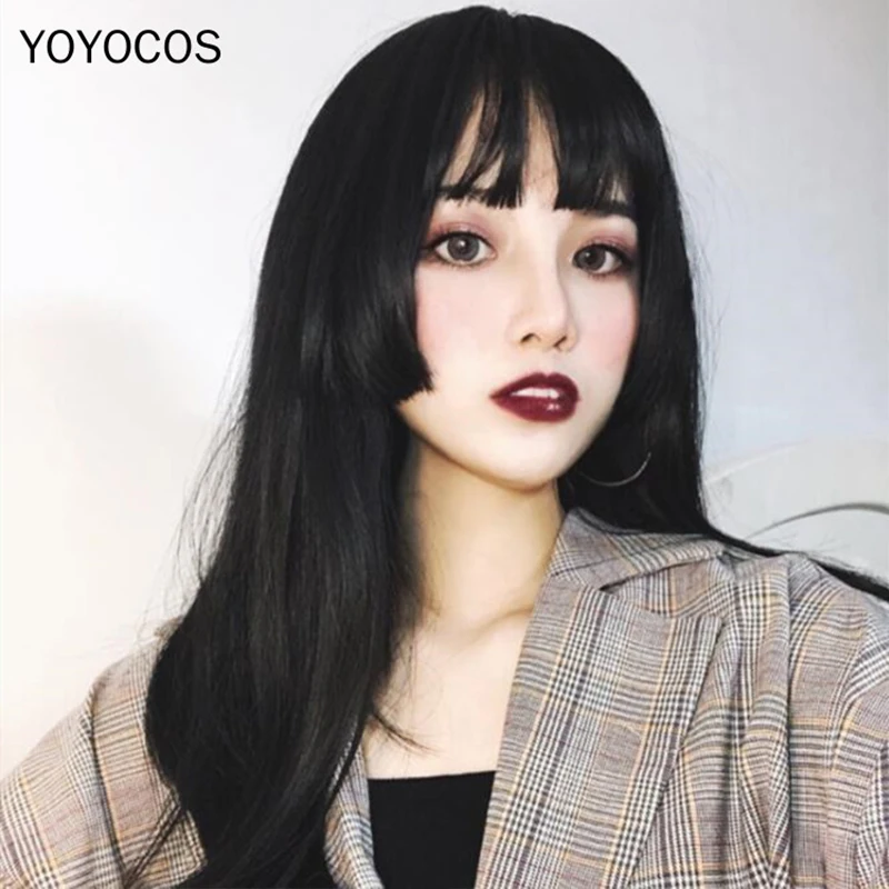 

Черные прямые челки Lolita 50 см Grannyhair/пепепельный синий/тонкий ротанговый/коричневый/винный/оранжевый ежедневный парик жаропрочные синтетиче...