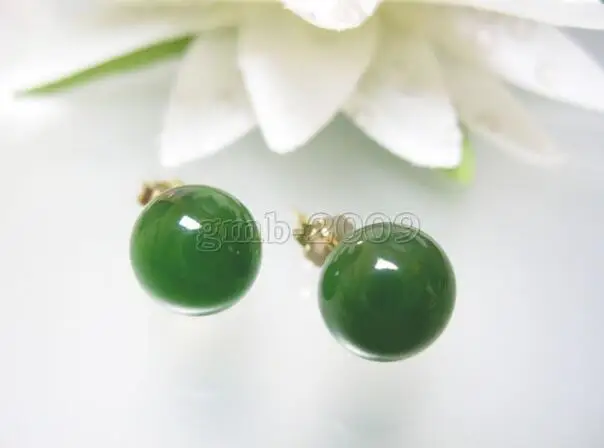 Ювелирная Нефритовая серьга 10 мм натуральный зеленый нефрит 18kgp серьги