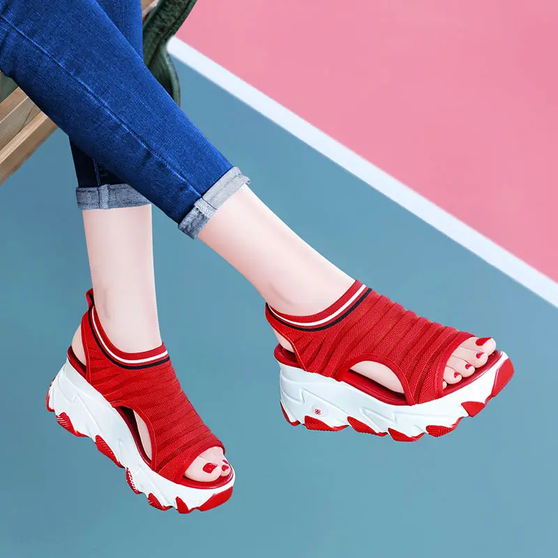 

Fish mouth increased red sports dad sandals women 2021 new summer soft bottoms a hundred ins tide slope heel 8cm