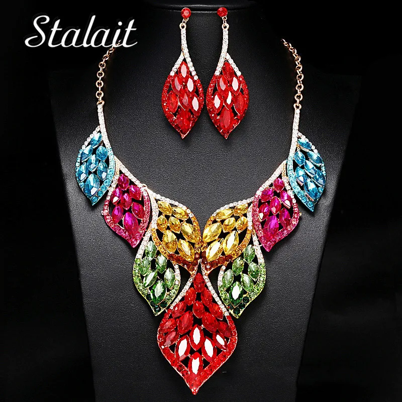 Богемный большой кулон с полыми листьями и кристаллами ожерелье серьги комплект