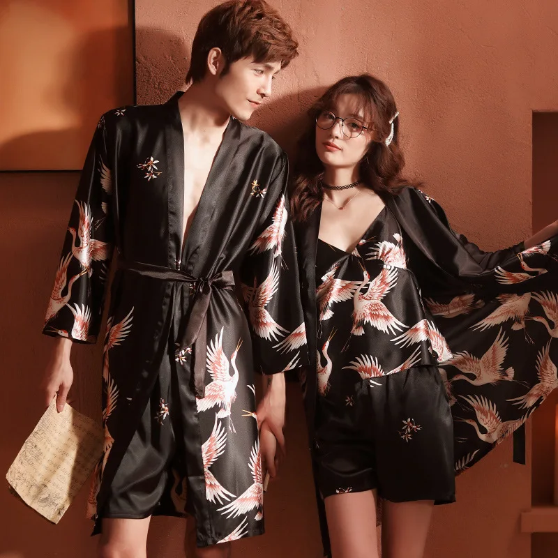 Красная шелковая ночная юбка для влюбленных журавлей костюм двойка с принтом в