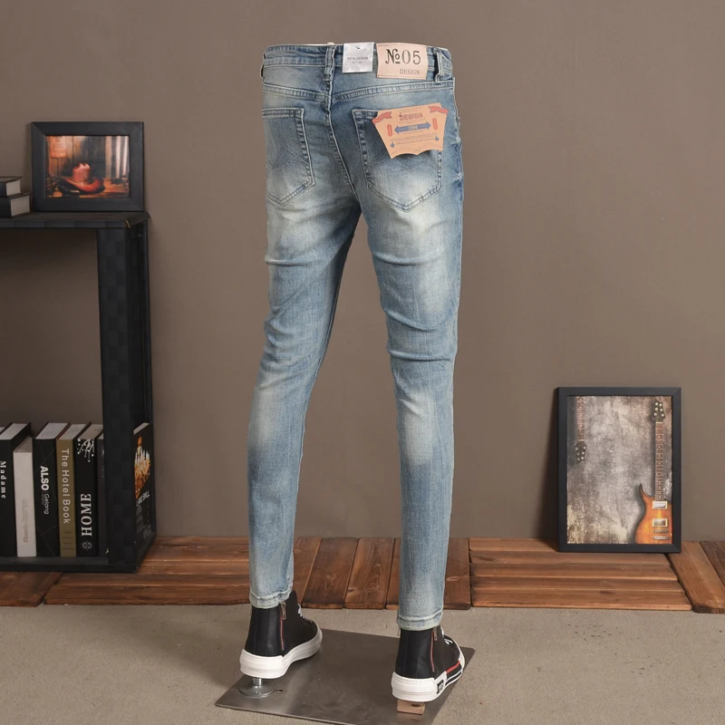 Men Blue Jeans Fashion Embroidery Cotton Slim Fit Pants Streetwear Ripped Stretch Denim Trousers