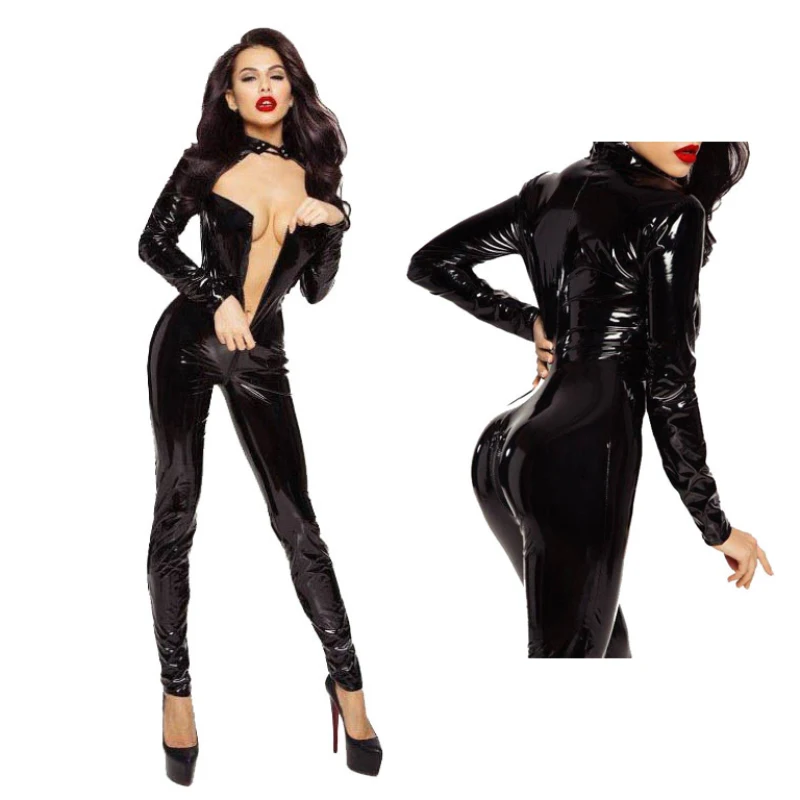 

AIIOU Erotic Sexy Crotchless Latex Jumpsuit Sexi Teddy Bodysuit Women Zipper Open Crotch Leather Catsuit Lingerie Dress for Sex