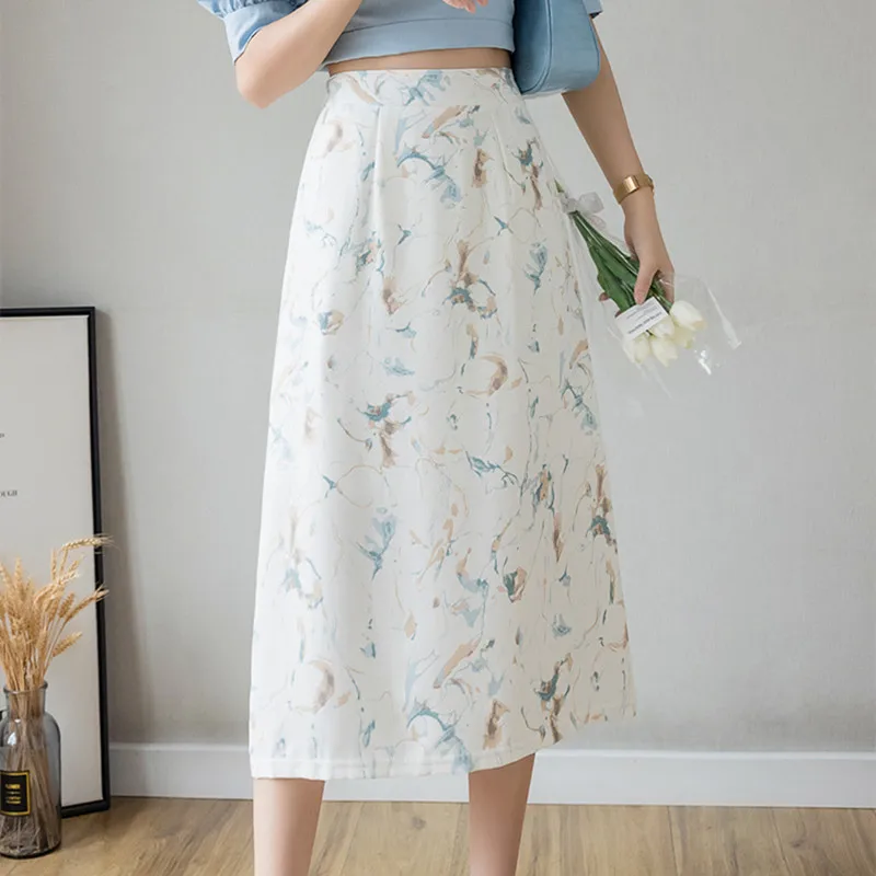 

Korean Fashion Skirts Natural Waist Long Woman Skirt Summer Printing Mid-calf Kawaii Skirts Women Clothing Blue Skirt for Female