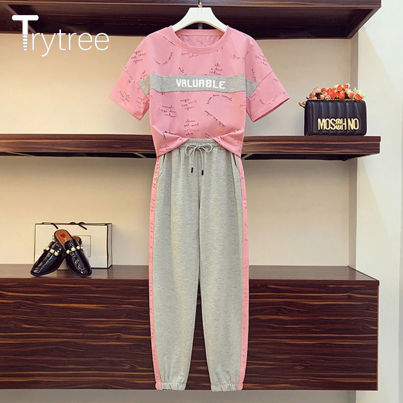 

Trytree 2021 Summer Women Two Piece Set Casual Cotton Blended O-neck Letters Tops + Pants Elastic Waist Sportswear 2 Piece Suit