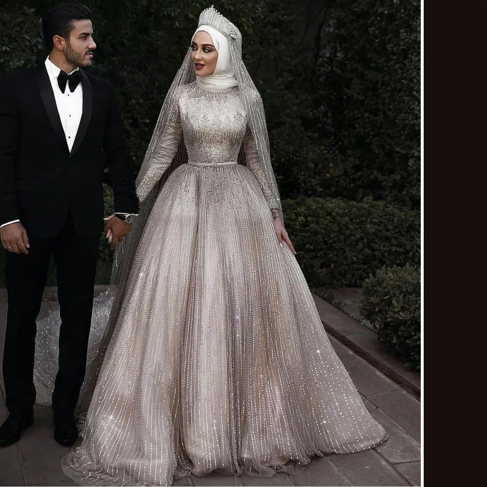 

Shinning Luxury Long Sleeves Dubai Wedding Dress for Bride Islamic Turkish High Neck Muslim vestido de noiva FOW32915