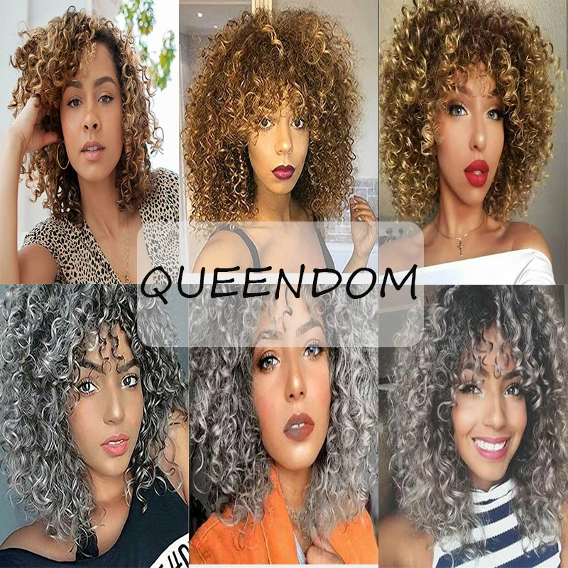 

Ombre Blonde Afro Kinky Curly Wig with Bangs 15 Inch Synthetic Short Curly Wigs for African Women Natural Lolita False Hair Wig