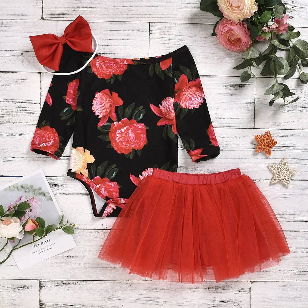 Baby Clothing Toddler Newborn Infant Long Sleeve Floral Printed Romper+Tutu Skirt+Headbands Summer Casual Outfit Set C140# |