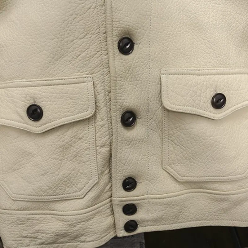 

Vintage Business Casual Mens Suit Jacket Autumn Genuine Leather Jackets Single Breasted Slim Fit Pocket Deerskin Short Coat Male