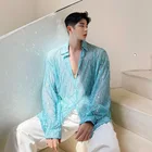 Мужская прозрачная Повседневная рубашка с длинным рукавом, с кисточками и блестками, Мужская ретро модная уличная Свободная рубашка, одежда для выступлений на сцене